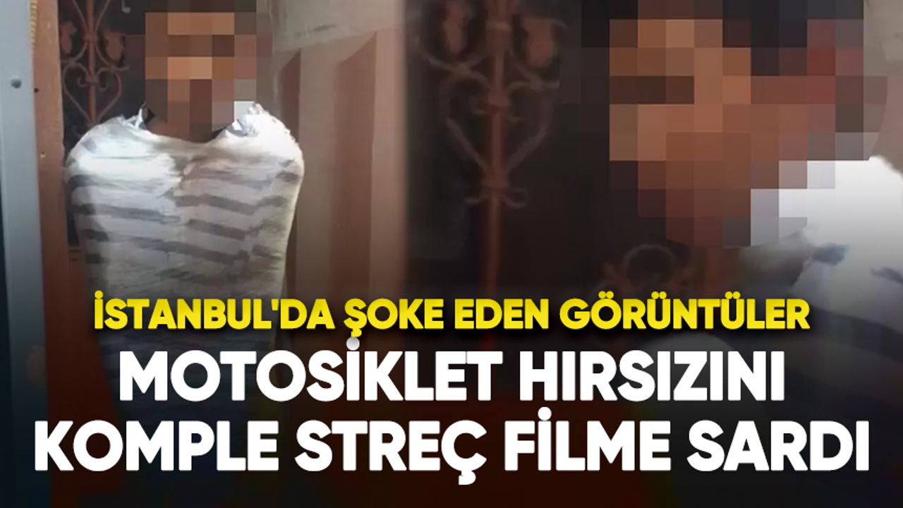 İstanbul'da şoke eden görüntüler: Motosiklet hırsızını komple streç filme sardı!