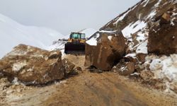 Hakkari'de dağdan kopan kaya parçaları köy yolunu kapattı